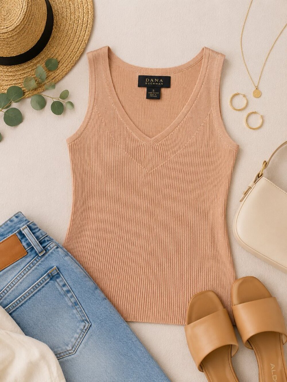 Dana Buchman Blush Pink Ribbed Knit Tank Top Size S Minimalist